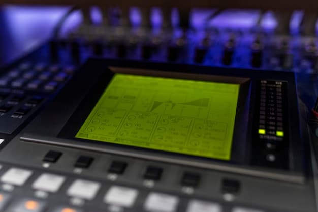 A close-up shot of a recording studio console, highlighting the mixing board and various recording equipment. The focus is on the intricate elements, suggesting the high production value expected from LunarX's upcoming single.