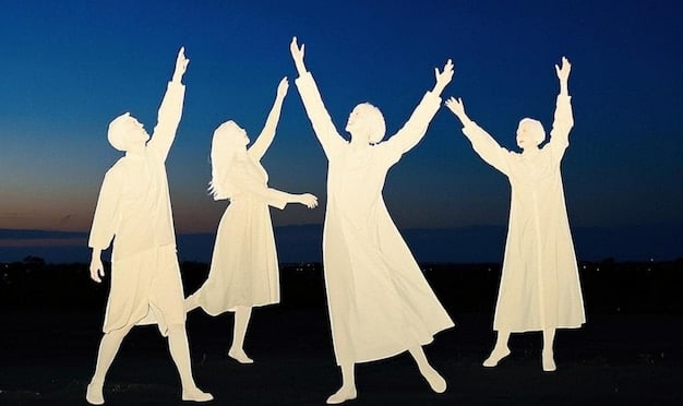 A collage featuring silhouettes of the five members of LunarX, each striking a different pose that showcases their individual style and personality. The background is abstract and colorful, creating a sense of mystery and anticipation.