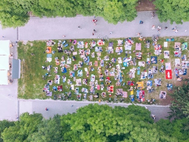 A sprawling outdoor music festival scene in the US, captured from a high angle. The photo showcases multiple stages, diverse crowds of people enjoying performances, and various vendor booths set up around the festival grounds to convey the sense of immersion and scale associated with major US music festivals.