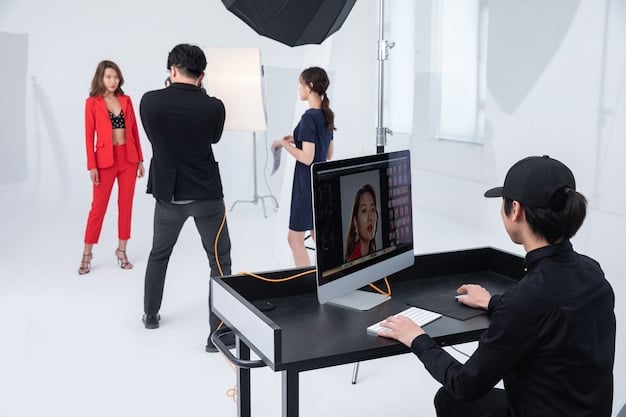 A behind-the-scenes shot of a K-Pop music video set, showing the K-Pop producer directing the filming of a scene. The environment is energetic and collaborative, filled with camera crew, lighting technicians, and members of the performing group, all working together to bring the producer's vision to life.