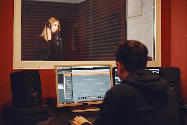 A split-screen image showing a K-Pop producer working at their high-tech studio console on one side, and their US artist counterpart participating via video conference on the other side. The visual arrangement emphasizes the collaborative workflow despite the distance, with both individuals intensely focused on different aspects of the music production process.