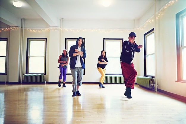 A wide shot of a dance instructor leading a K-Pop dance class in a spacious studio. A group of young trainees is diligently following her movements, practicing a complex K-Pop choreography routine with synchronized precision.