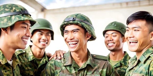 Ji Chang Wook in a group photo with his fellow soldiers during military training. They are all wearing uniforms and smiling, showcasing camaraderie.