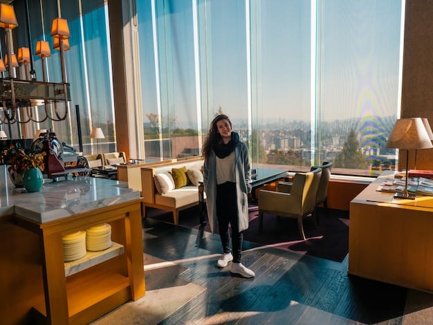 Son Ye Jin standing in a modern, luxurious apartment showcasing high-end furnishings and a stunning city view, subtly highlighting the real estate brand's logo or key features.