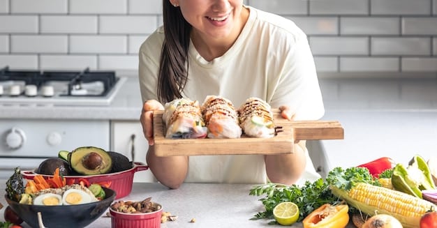 Shin Min Ah preparing a healthy balanced meal in her kitchen with fresh colorful vegetables and lean protein.