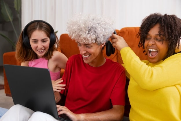 A photo of a group of friends gathered around a laptop, watching a dorama episode together and laughing, while simultaneously chatting on Discord on their phones.