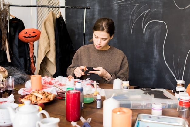 A cosplayer is shown browsing a thrift store, carefully examining clothing and accessories. The image highlights the variety of items available and the potential for finding hidden gems.