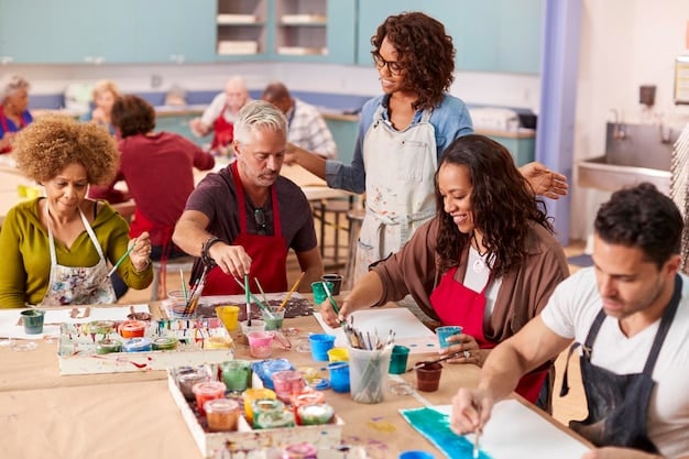 Attendees at a dorama fan meetup participating in a workshop on creating dorama-themed crafts. Tables are filled with crafting materials and participants are focused on their projects.