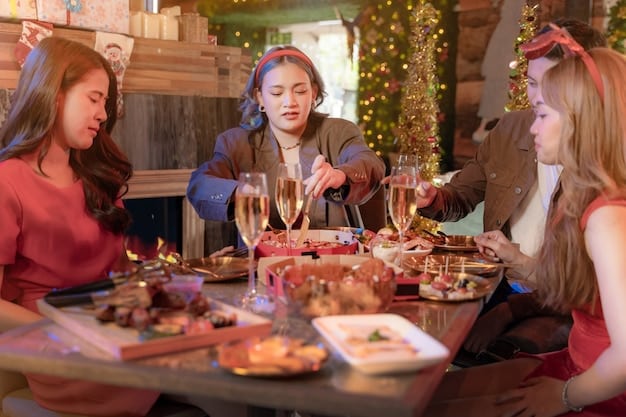 People enjoying a variety of Korean snacks and drinks at a dorama-themed party. The scene shows laughter, conversation, and a sense of camaraderie around a table laden with food and beverages. Some attendees are wearing Korean-inspired outfits, adding to the festive atmosphere.