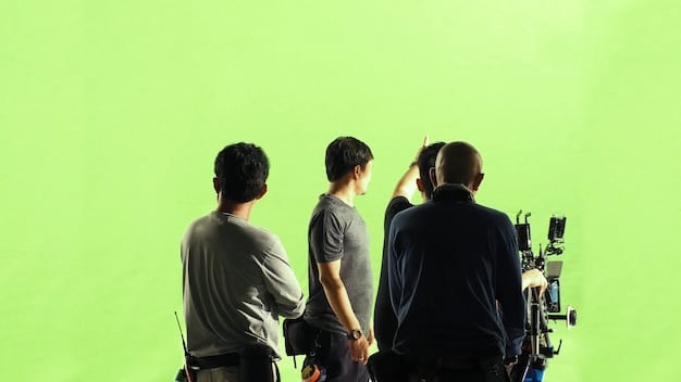 A behind-the-scenes shot of a dorama fan film production. A group of young adults are gathered around a camera, collaborating to set up a shot in a modern, urban setting, reflecting the do-it-yourself and collaborative spirit of fan filmmaking.