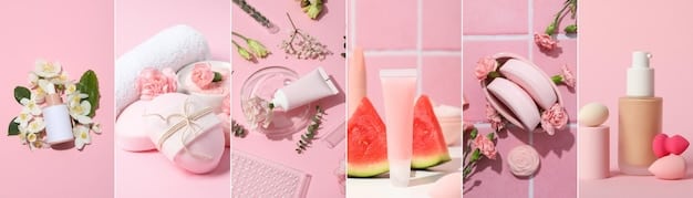 A collage of popular K-Beauty skincare products endorsed by different K-pop idols, arranged neatly with soft lighting. Products include toners, serums, moisturizers, and sheet masks, each labeled clearly with the idol's name and the product's function.