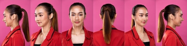 A grid showing six different K-pop idols each with a unique and eye-catching hairstyle. The styles include pastel pink hair, a layered bob with soft waves, a long wavy hairstyle with vibrant highlights, and a sleek high ponytail.
