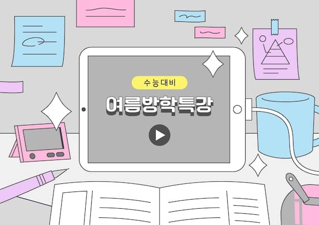 A desk setup with Korean textbooks, vocabulary flashcards, sticky notes with Korean phrases, and a tablet displaying a Korean grammar website.