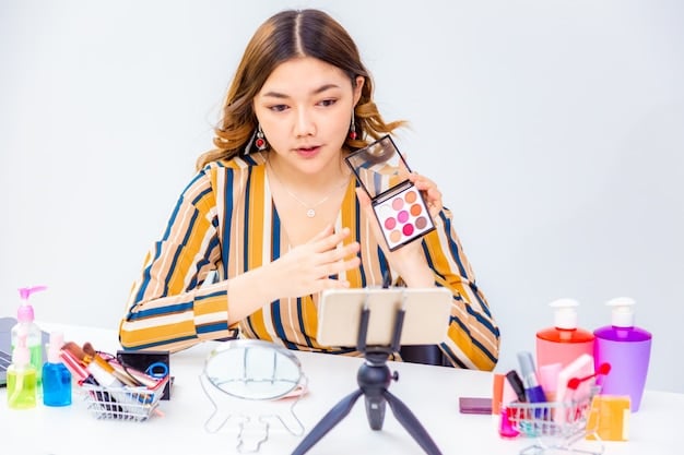A K-Pop idol posing with a product from a partnership with a famous makeup brand. The image is staged in a way to highlight the product subtly, with stylish lighting enhancing visual appeal, ensuring the product is visually appealing to the target demographic.