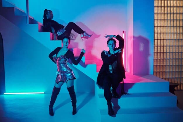 A split image showing a K-pop group performing on stage in vibrant, cutting-edge outfits on one side, and a group of American teenagers recreating similar looks with their own personal twists on the other side.