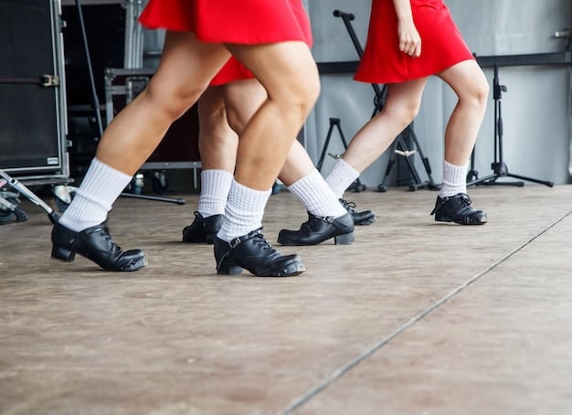 A close-up shot of a group of dancers rehearsing a K-Pop routine in a dance studio. The focus is on their feet and legs, showing the precision and complexity of the choreography.