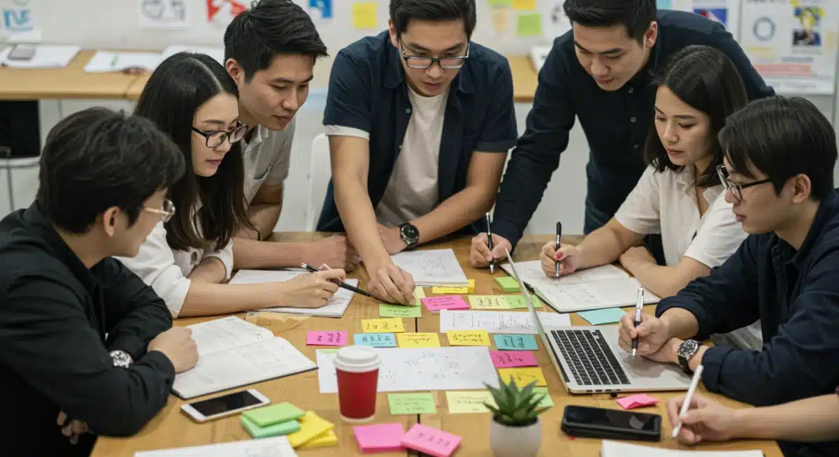 Dorama fan project team collaborating and brainstorming ideas for an upcoming convention.