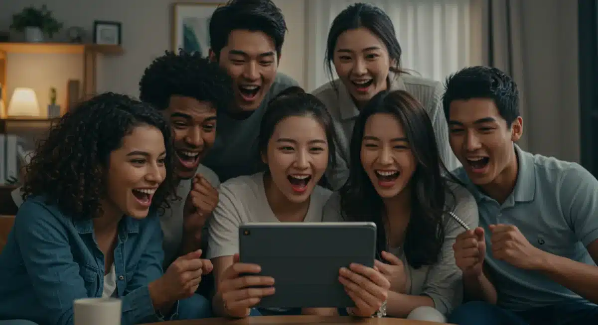 Friends watching a K-drama on a tablet, enjoying the entertainment together in a cozy setting.