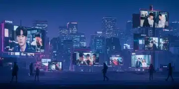 Futuristic cityscape with K-drama scenes on digital screens, symbolizing 2025's trending Korean entertainment.