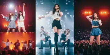 Dynamic K-Pop groups performing on stage, symbolizing major comebacks in 2025 with global appeal.