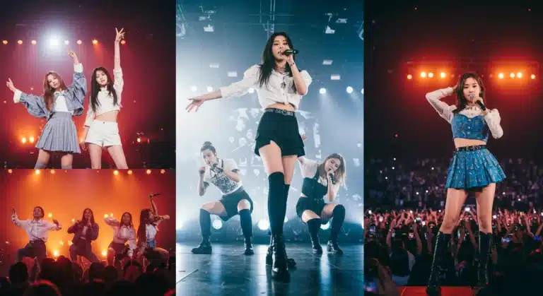 Dynamic K-Pop groups performing on stage, symbolizing major comebacks in 2025 with global appeal.