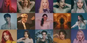 Dynamic collage of K-Pop comeback concepts 2025, showing diverse MV aesthetics and idol expressions.