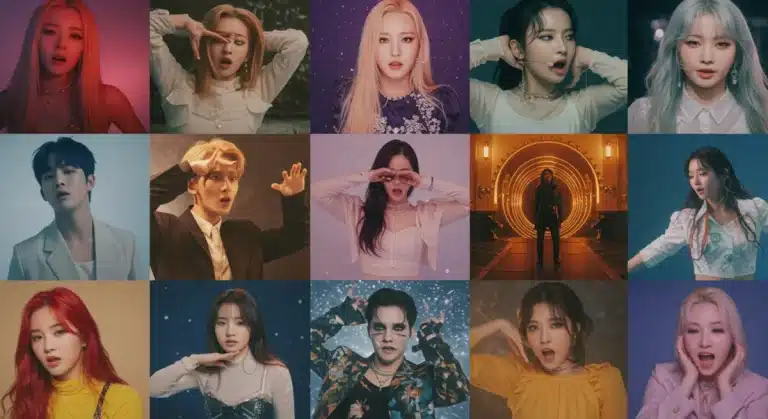 Dynamic collage of K-Pop comeback concepts 2025, showing diverse MV aesthetics and idol expressions.
