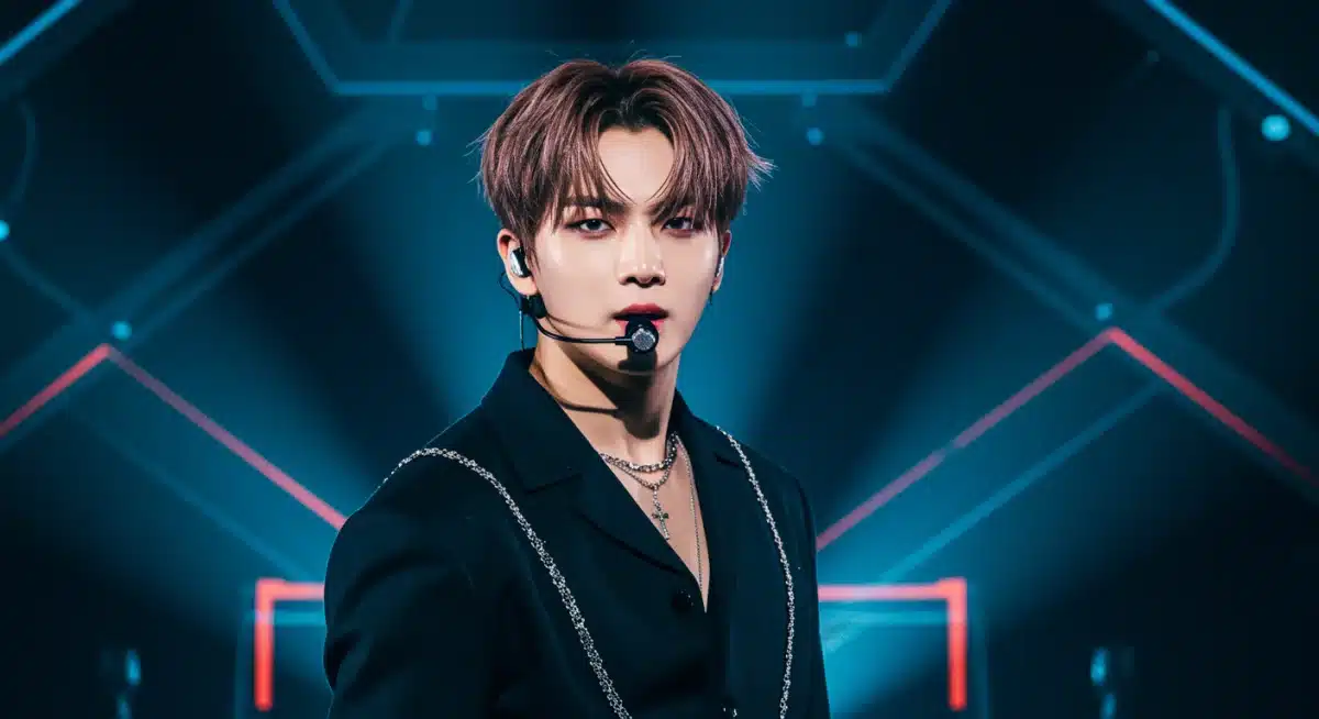 K-Pop idol performing on a dramatically lit stage, embodying a complex narrative concept in early 2025.