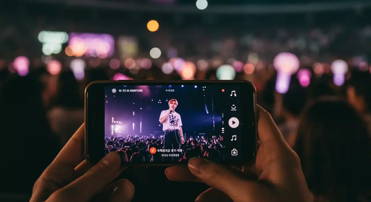 K-Pop fan watching a live concert stream on a smartphone, blending virtual and in-person fan experiences.