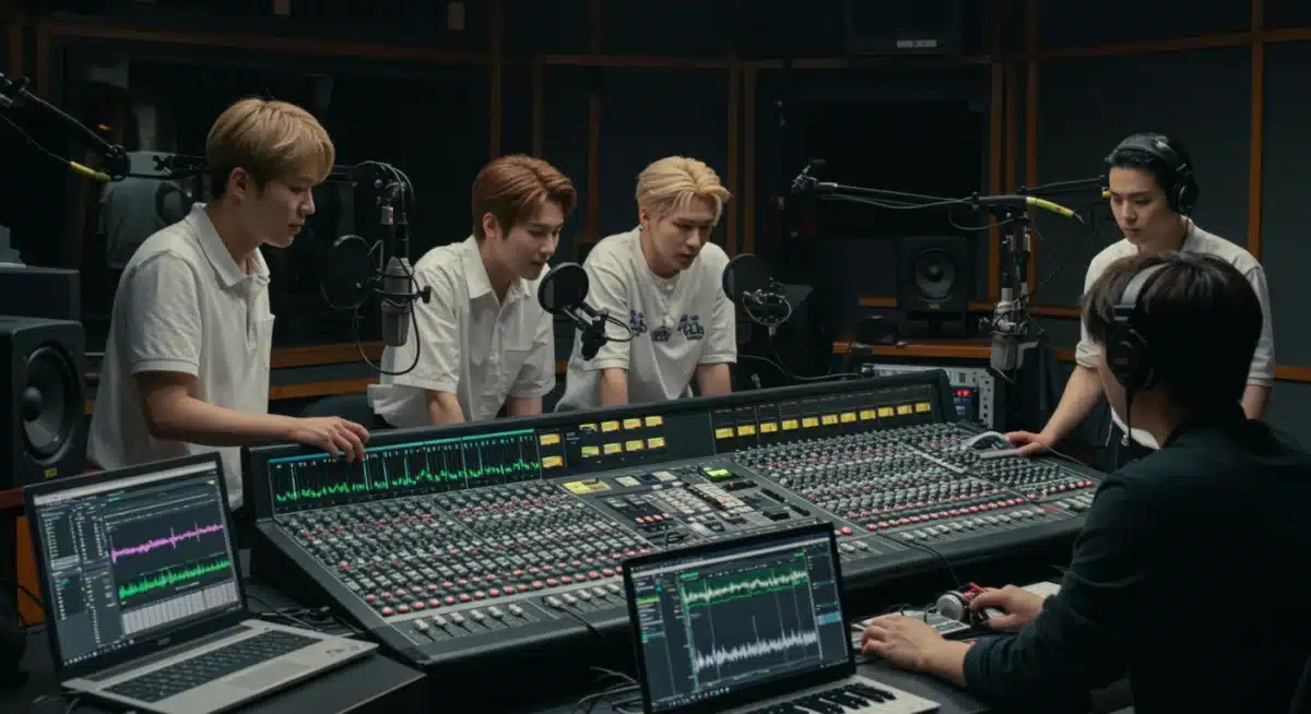 K-Pop idol group recording new music in a professional studio, hinting at intense comeback preparations.