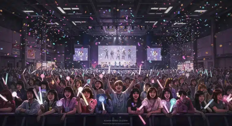 Excited K-Pop fans at a major US convention in 2025, holding light sticks.