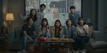 Friends watching a dorama together, laughing and sharing snacks in a cozy, decorated living room, embodying a successful watch party.