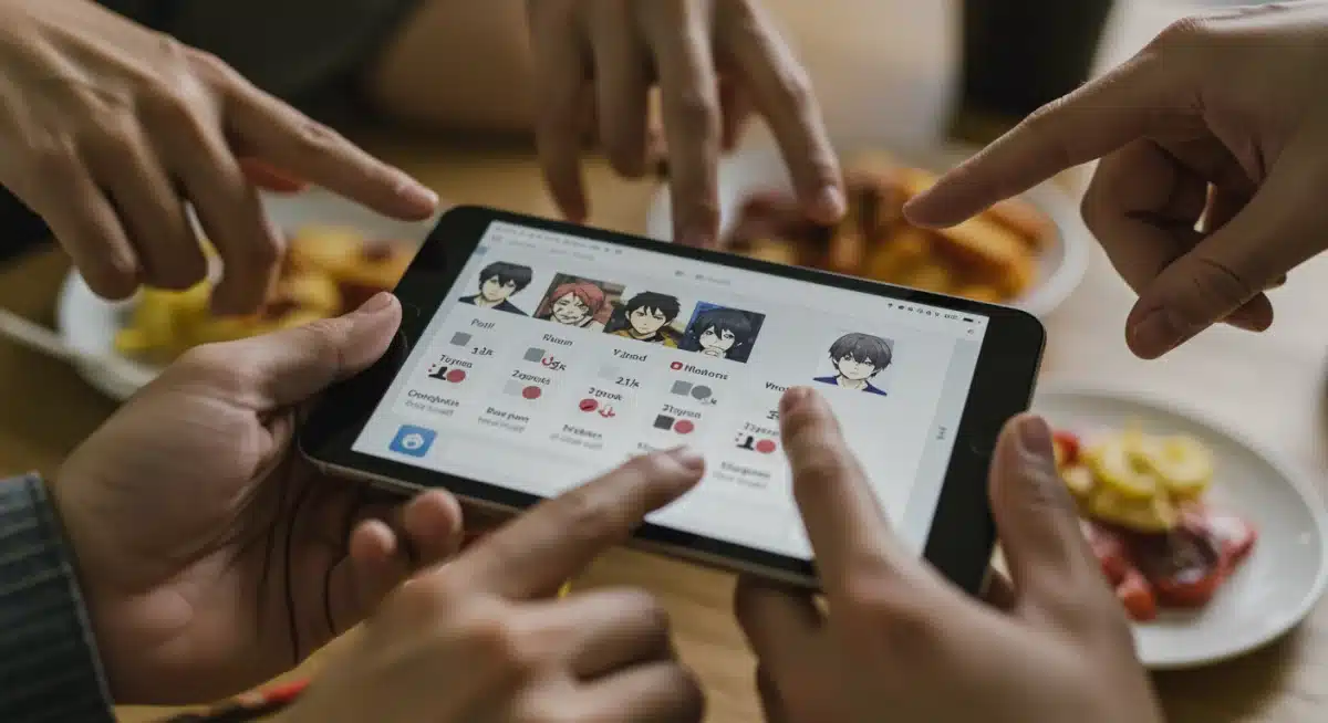 Hands interacting with a dorama-themed online poll on a tablet, showing active fan engagement during a watch party.