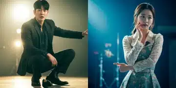 Two K-Drama actors, one male and one female, poised for breakthrough U.S. recognition in the next 12 months, against a vibrant, star-studded background.