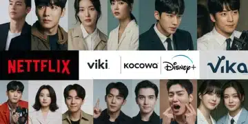 Four streaming platform logos superimposed on a collage of Korean drama and K-pop scenes, representing the best value in 2025.
