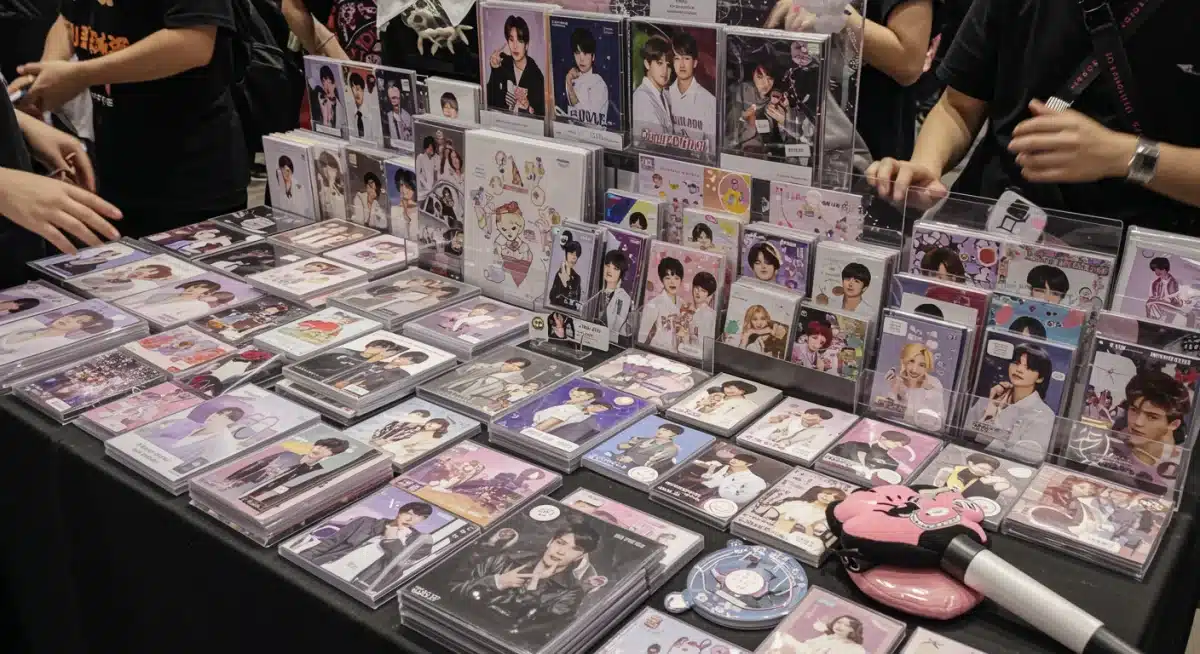 K-Pop merchandise display at a US fan convention, showcasing albums and light sticks.