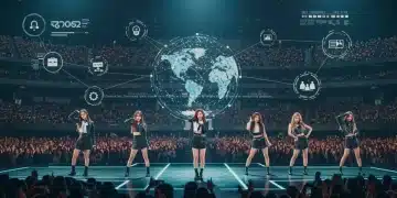 K-Pop Global Stars 2025: Decoding Agency Strategies K-Pop group performing on a global stage with digital fan engagement visuals.