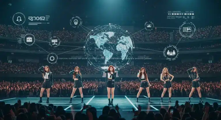 K-Pop group performing on a global stage with digital fan engagement visuals.
