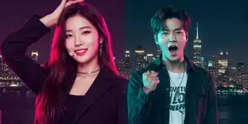 Dynamic image of Jeon Somi and Kang Daniel, K-Pop soloists, against a US city backdrop, symbolizing their 2025 breakthrough.