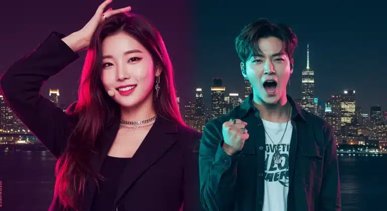 Dynamic image of Jeon Somi and Kang Daniel, K-Pop soloists, against a US city backdrop, symbolizing their 2025 breakthrough.