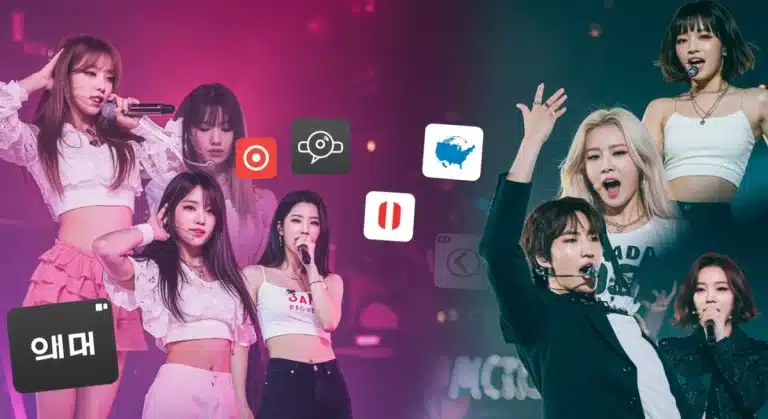 K-Pop idols performing on stage with digital streaming icons and a US map overlay, representing market dominance.