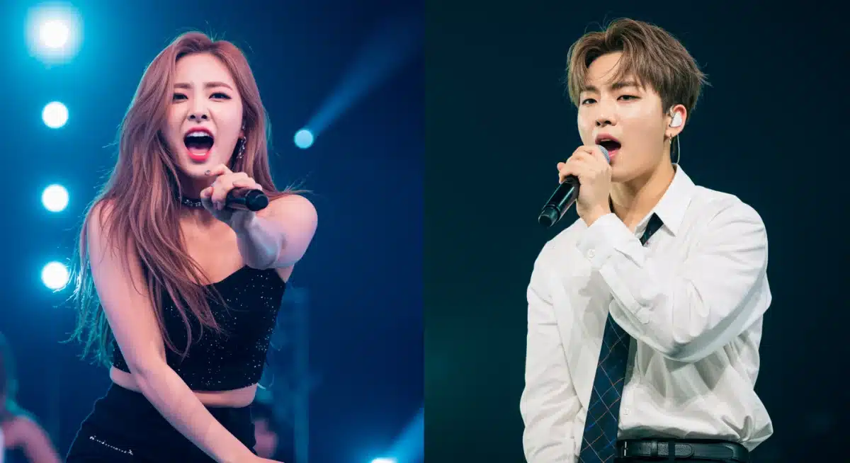 Jeon Somi and Kang Daniel performing, showcasing their individual stage charisma and distinctive styles.