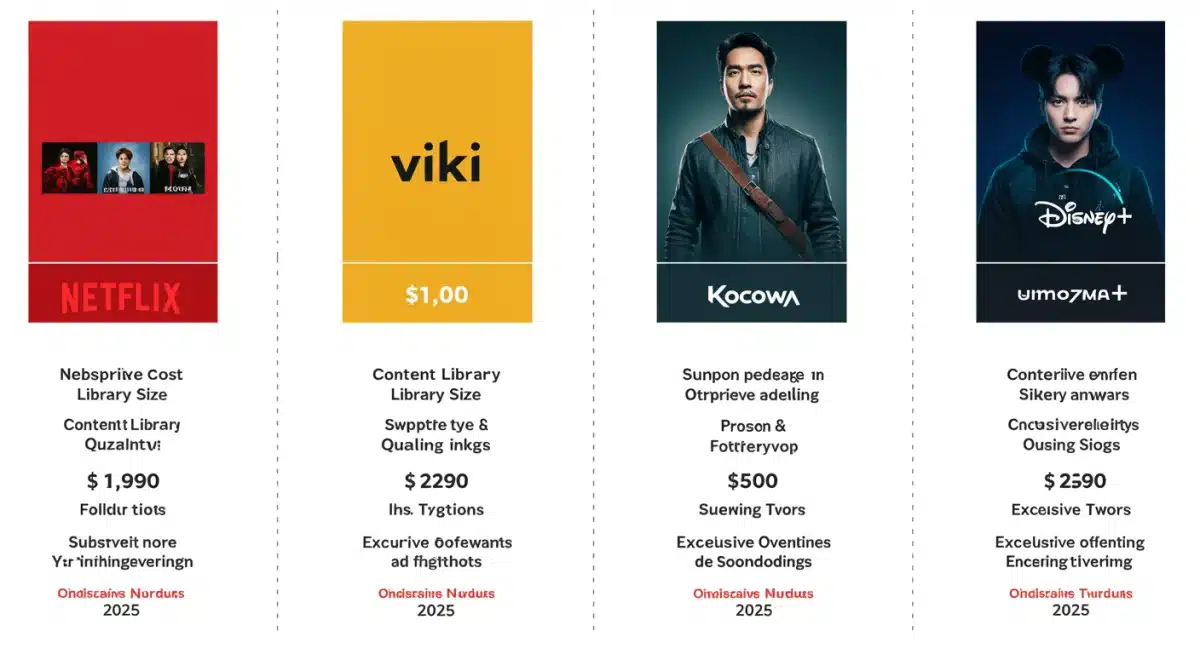 Infographic comparing Netflix, Viki, Kocowa, and Disney+ features for Korean content streaming in 2025.