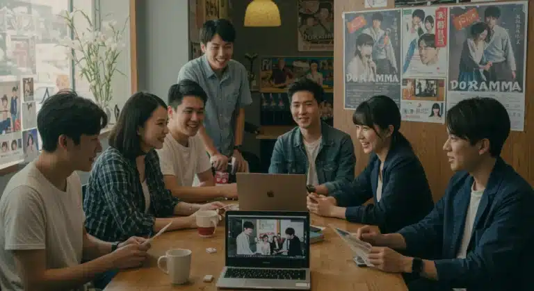 Diverse dorama fan club members engaging in lively discussion