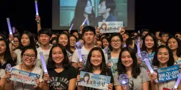 US K-Drama fans respectfully engaging at a fan event with lightsticks
