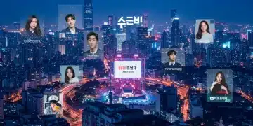Futuristic city skyline with K-drama characters and streaming logos, symbolizing 2026 K-Drama landscape.