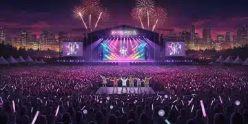 Excited K-Pop fans at a large outdoor festival in 2026, holding lightsticks and cheering for a group on a brightly lit stage.