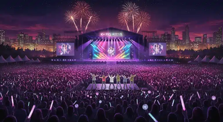 Excited K-Pop fans at a large outdoor festival in 2026, holding lightsticks and cheering for a group on a brightly lit stage.