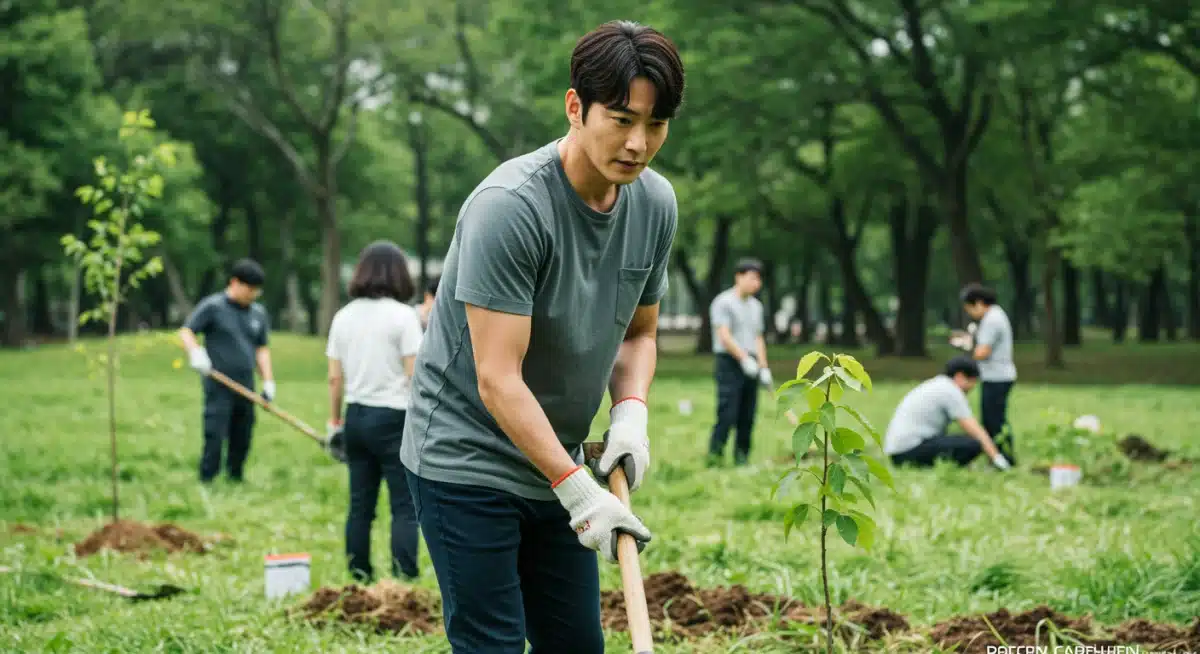 Dorama actor participating in a tree-planting environmental initiative.