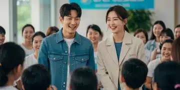 Prominent dorama actors engaging in philanthropic work, smiling with community members at a charity event in 2025.